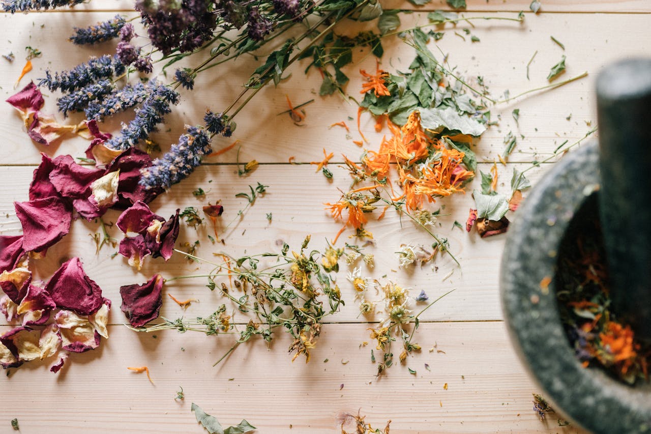 services-01 A beautiful still life of dried herbs and flowers accompanied by a mortar, perfect for natural healing themes.